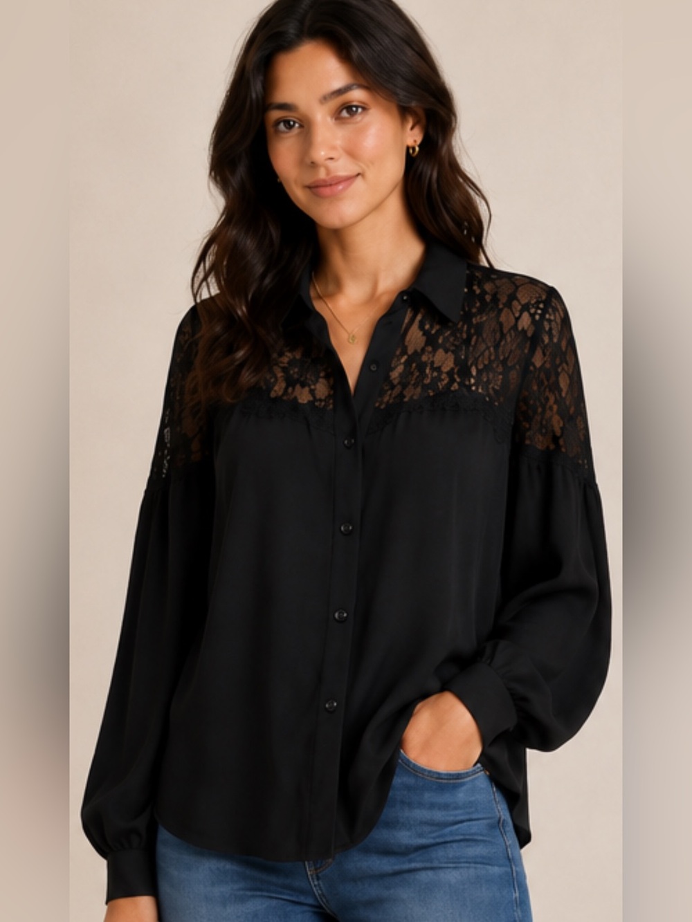 Metaphor Black Lace Yoke Button-Down Blouse